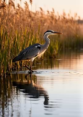 Heron standing in water at sunset