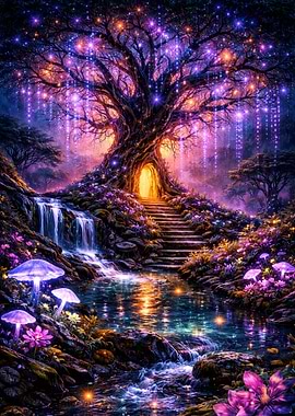 Enchanted Forest Tree with Waterfall