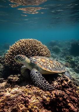 Sea Turtle Near Coral Reef