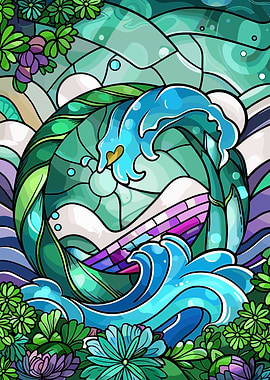 Stained Glass Wave and Floral Design