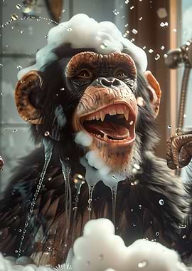 Chimpanzee enjoying a bubble bath