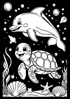Cute Dolphin and Turtle Underwater Scene