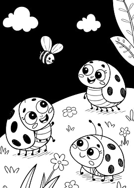 Cute Ladybugs and Bee in Nature