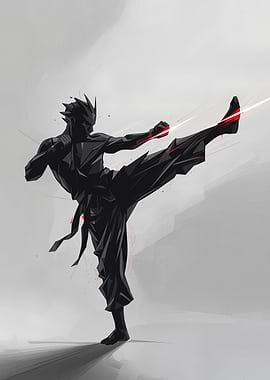 Geometric Shadow Martial Artist — Dynamic High Kick Digital Illustration