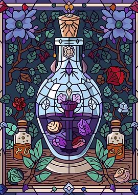 Stained Glass Potion Bottle with Flowers