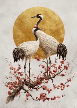 Two Cranes on a Cherry Blossom Branch