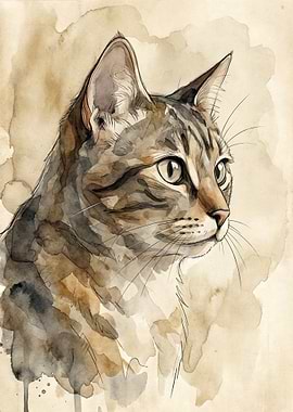 Watercolor Portrait of a Tabby Cat