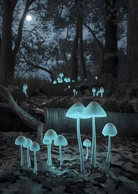 Bioluminescent mushrooms in a moonlit forest