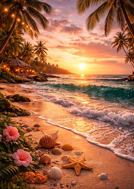 Tropical Beach Sunset with Palm Trees and Seashells