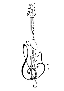 Musical Guitar with Notes and Treble Clef