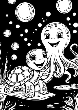 Cute Turtle and Octopus Underwater