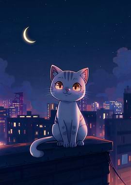 Cute Cat on Rooftop at Night