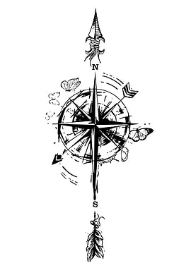 Compass with Butterflies and Feather