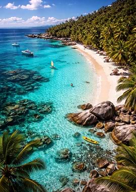 Tropical Beach Paradise with Kayak and Boats