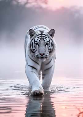 White Tiger Walking in Water