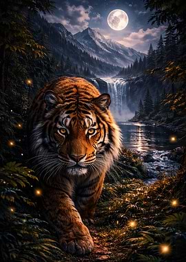 Tiger in a Moonlit Forest