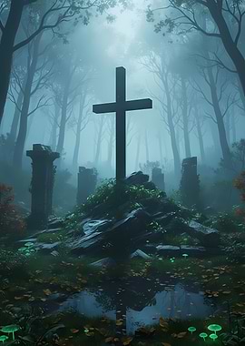 Misty Forest Cemetery with Glowing Mushrooms