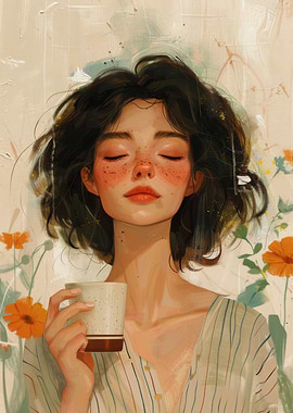 Woman with coffee and flowers