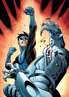 Invincible fighting a werewolf-like creature