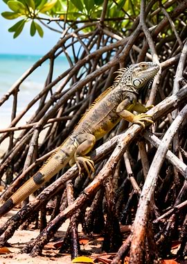 Iguana on Mangrove Roots by the Sea