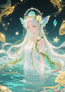 Mermaid with Crown and Flowers