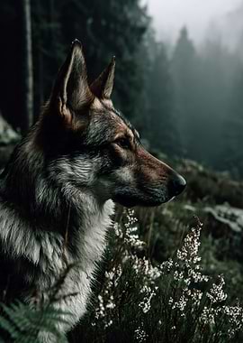 Wolf in a Misty Forest