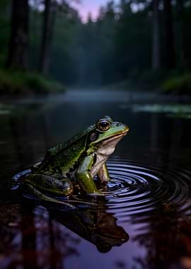 Frog in misty forest pond