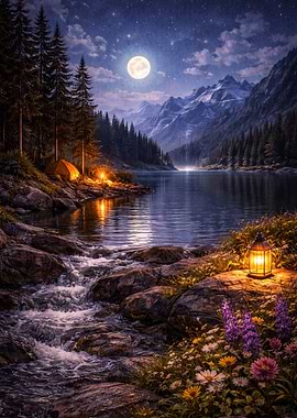 Moonlit Mountain Lake Camping Scene