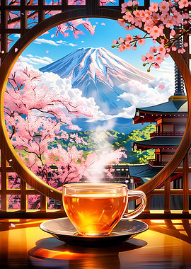 Tea with Mount Fuji and Cherry Blossoms
