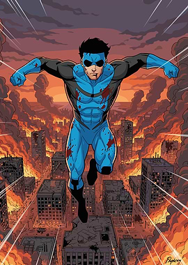 Invincible flying over burning city