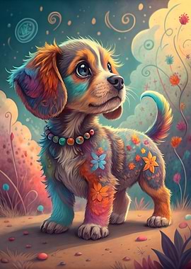 Colorful Puppy with Flowers