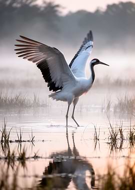 Red-crowned Crane in Misty Water