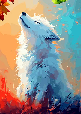 White Wolf Howling in Autumn