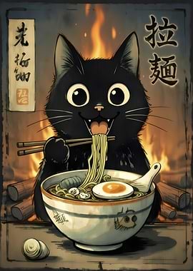 Black Fat Cat Eating Ramen japan anime cute