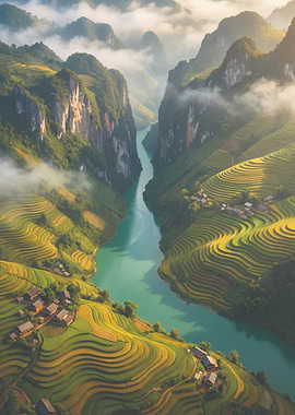 Terraced Rice Fields and River Valley