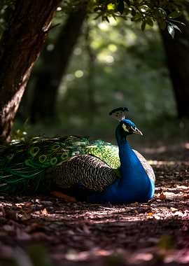 Peacock resting in a forest