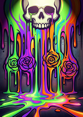 Melting Skull with Colorful Drips and Roses