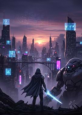 Futuristic Cityscape with Warrior and Robot