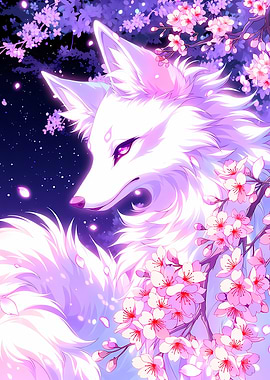 White Fox with Cherry Blossoms