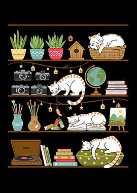 Cute Cats on Shelves with Art Supplies