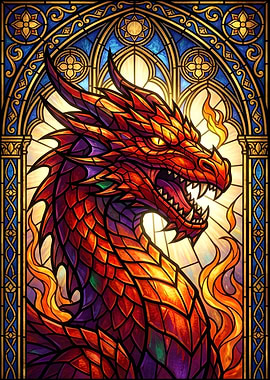 Stained Glass Dragon with Flames