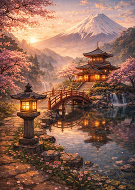 Serene Japanese Landscape with Pagoda and Mt. Fuji
