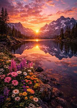 Sunset over a Mountain Lake with Wildflowers