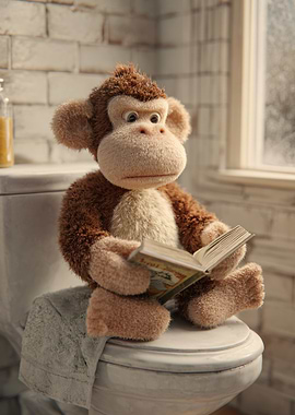 Monkey reading a book on a toilet