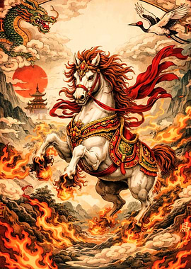 Majestic Horse Amidst Flames Asian Symbols