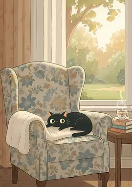 Black Cat Relaxing in Armchair by Window