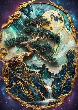 Enchanted Bonsai Tree in Cosmic Landscape