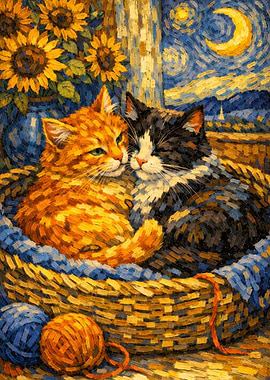 Van Gogh Two Cats Starry Night Sunflowers