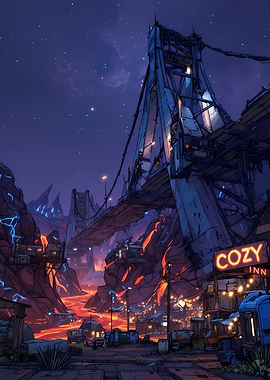 Post-apocalyptic bridge town at night