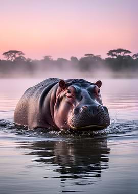 Hippopotamus in Misty Lake at Sunrise